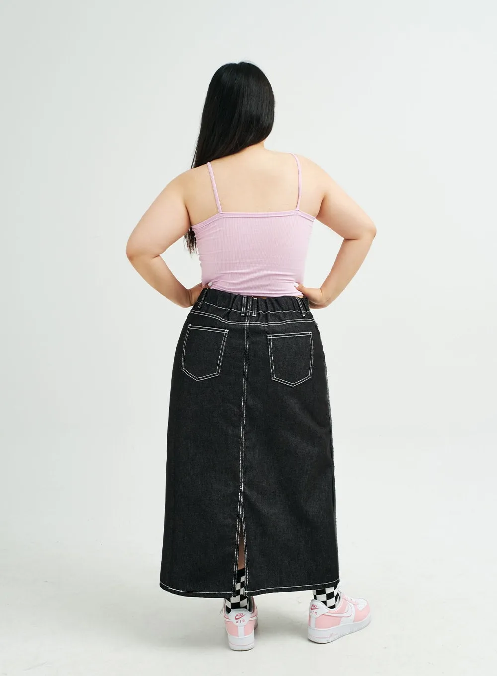 Plus Reverse Stitch Bleached Denim Maxi Skirt IY24