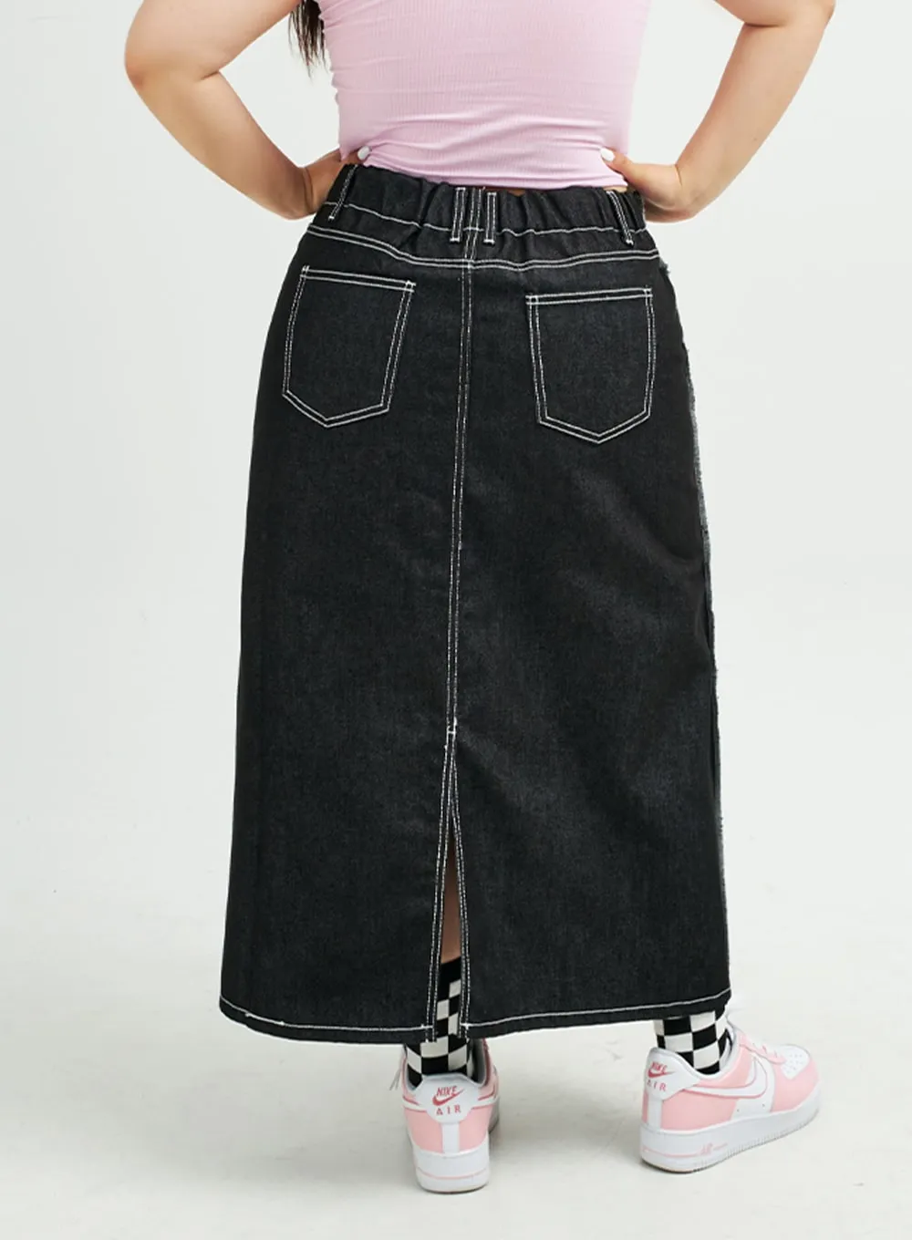 Plus Reverse Stitch Bleached Denim Maxi Skirt IY24