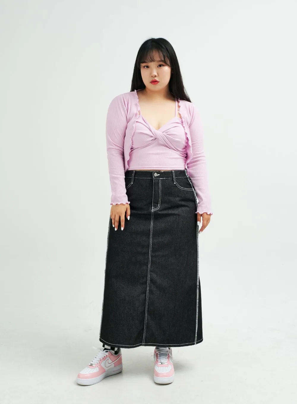 Plus Reverse Stitch Bleached Denim Maxi Skirt IY24