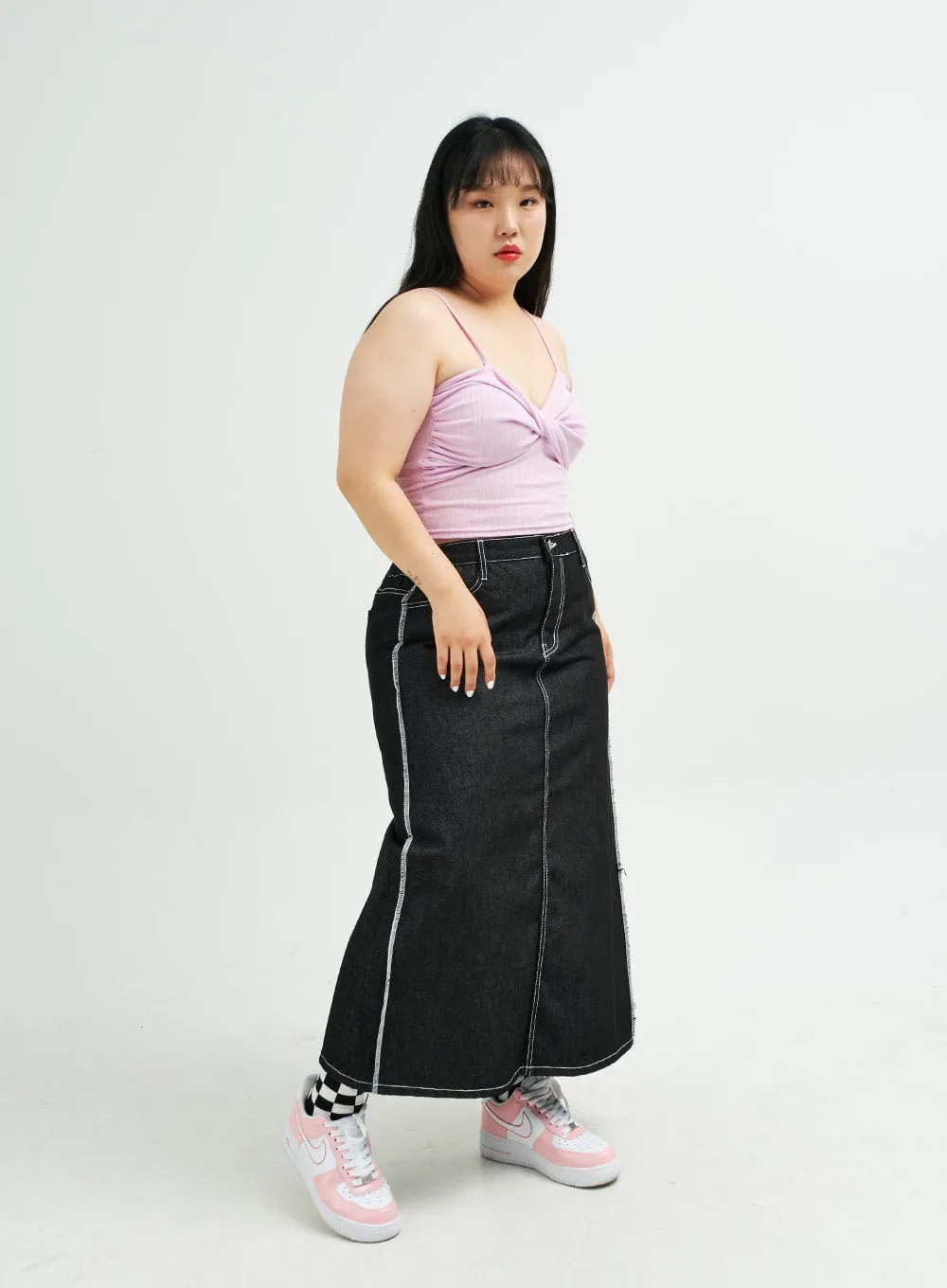 Plus Reverse Stitch Bleached Denim Maxi Skirt IY24