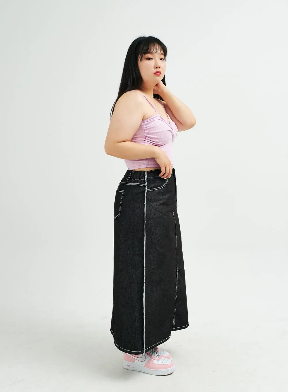 Plus Reverse Stitch Bleached Denim Maxi Skirt IY24