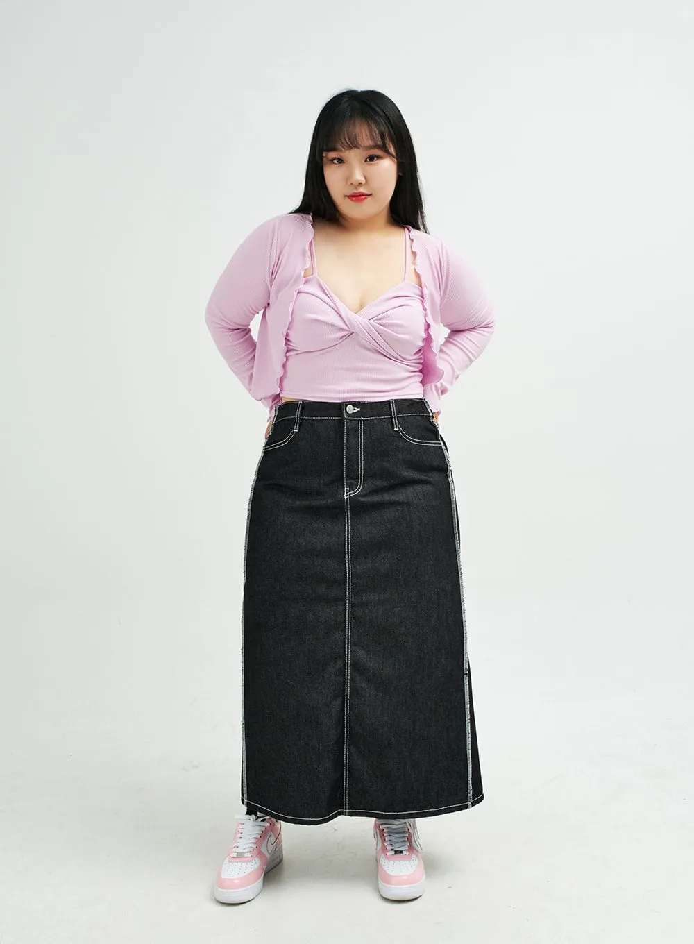 Plus Reverse Stitch Bleached Denim Maxi Skirt IY24