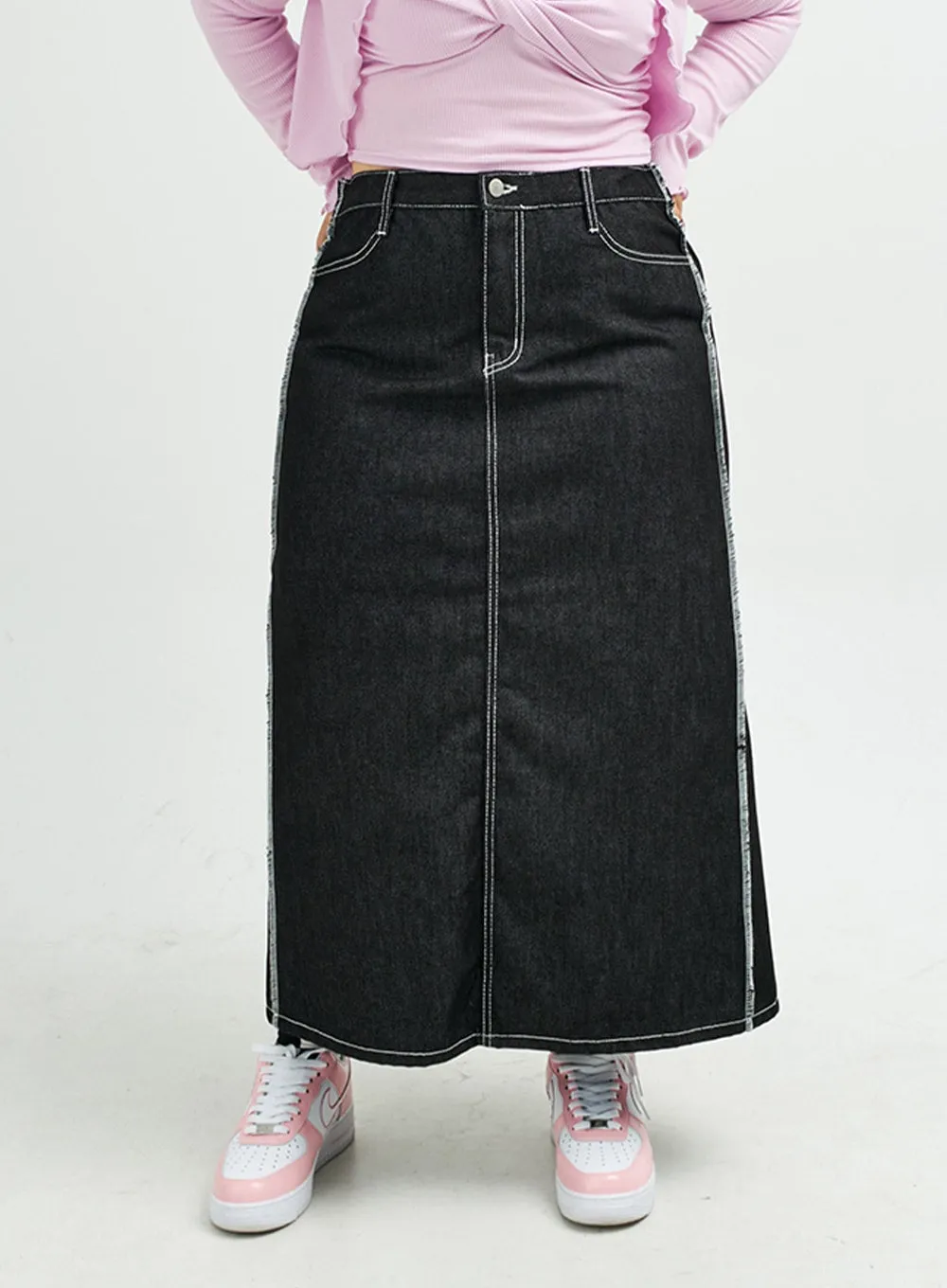 Plus Reverse Stitch Bleached Denim Maxi Skirt IY24