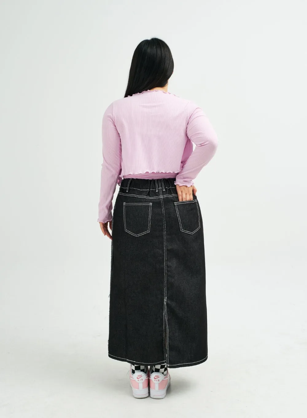 Plus Reverse Stitch Bleached Denim Maxi Skirt IY24