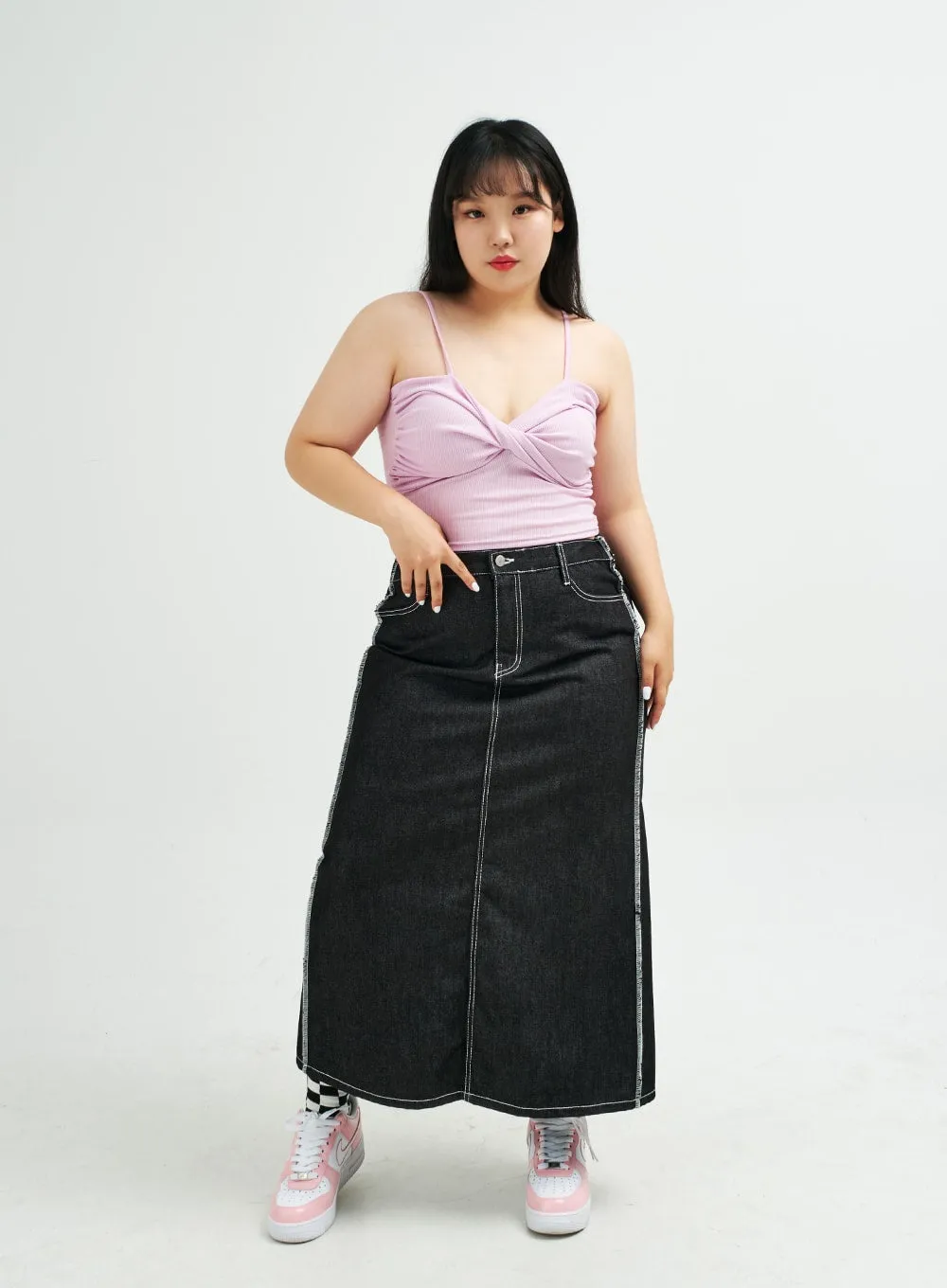 Plus Reverse Stitch Bleached Denim Maxi Skirt IY24