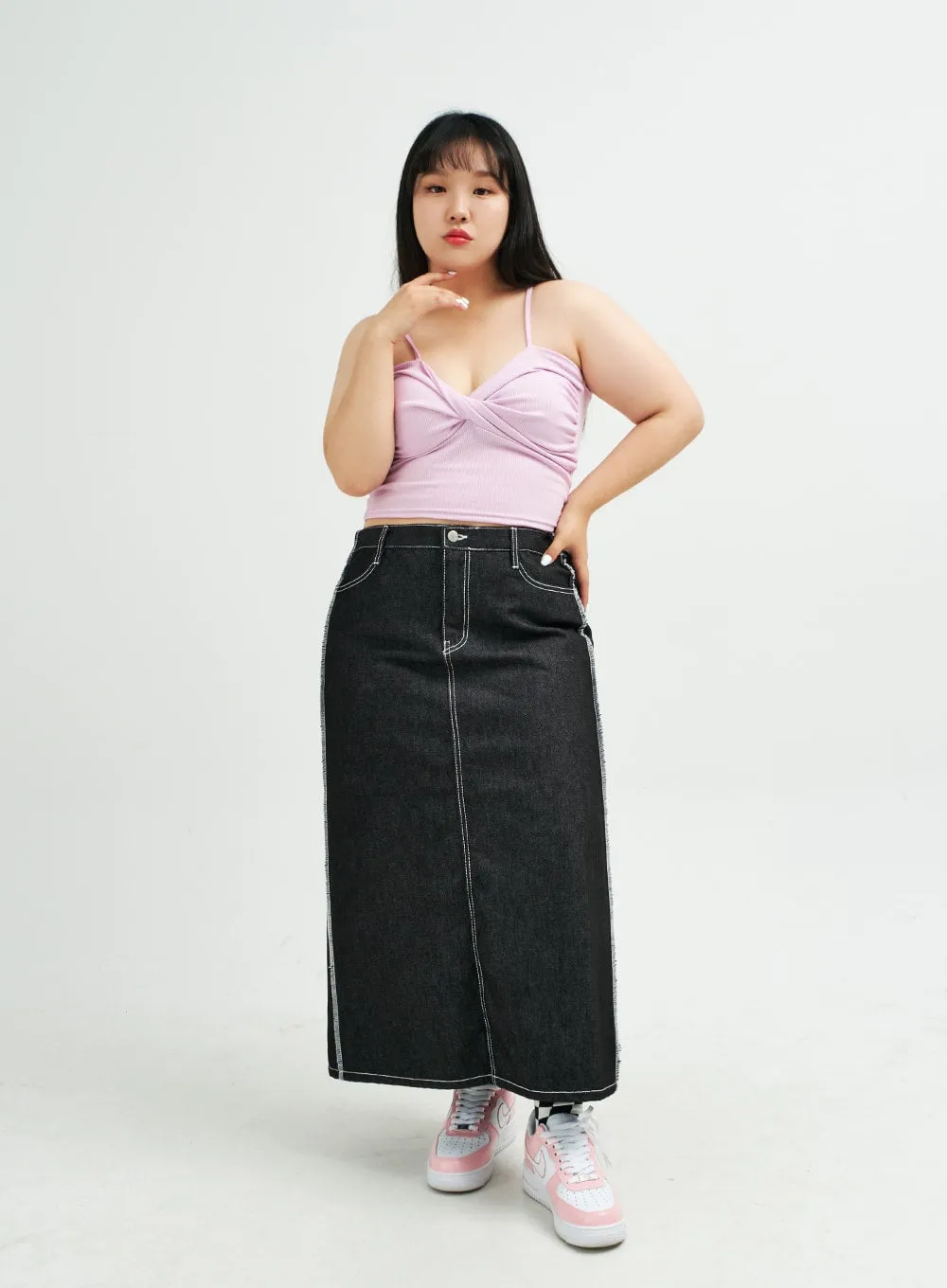 Plus Reverse Stitch Bleached Denim Maxi Skirt IY24