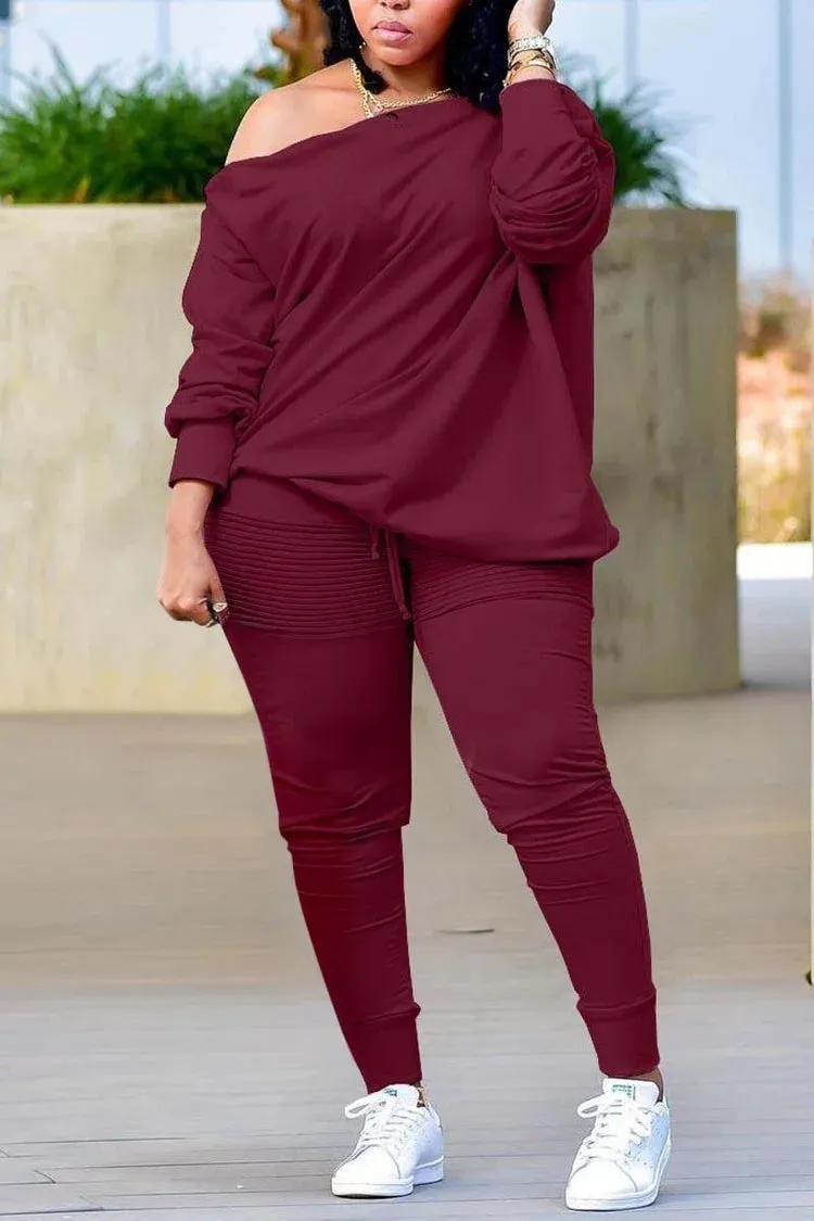 Plus Size Casual Burgundy Long Sleeves Oblique Collar Two Pieces Set