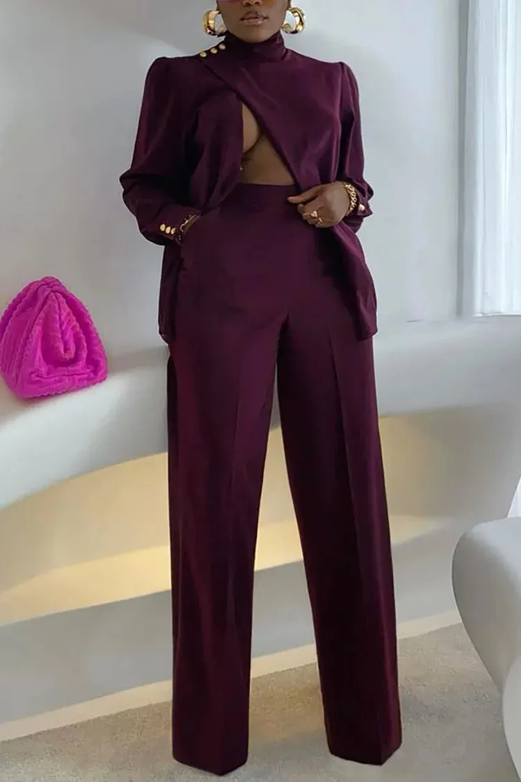 Plus Size Purple Daily Mock Neck Long Sleeve Satin Two Piece Pants Set