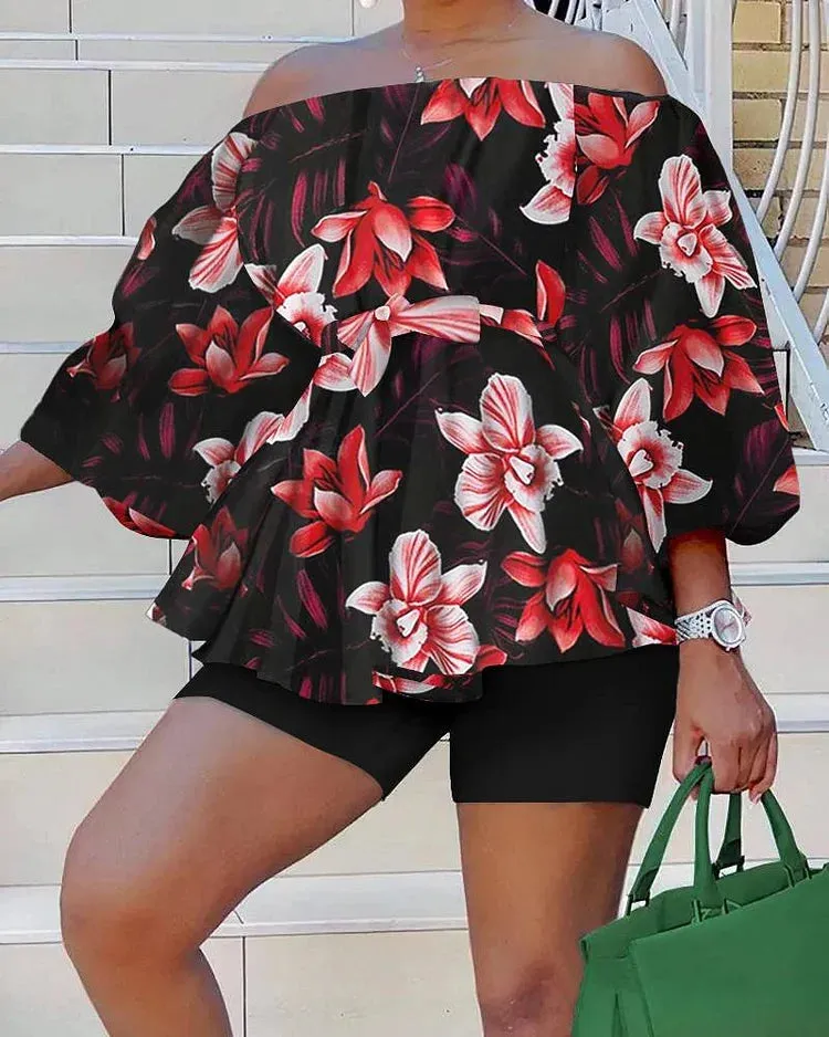 Plus Size Vacation Red Floral Print Off Shoulder Belted Two Piece Short Set