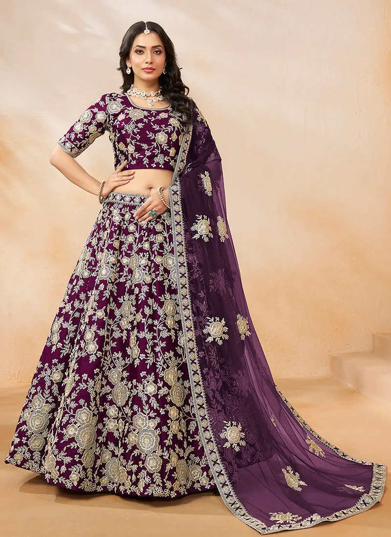 Purple Golden Embroidery Wedding Lehenga Choli