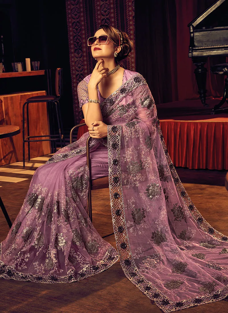 Purple Sequence Embroidery Partywear Saree