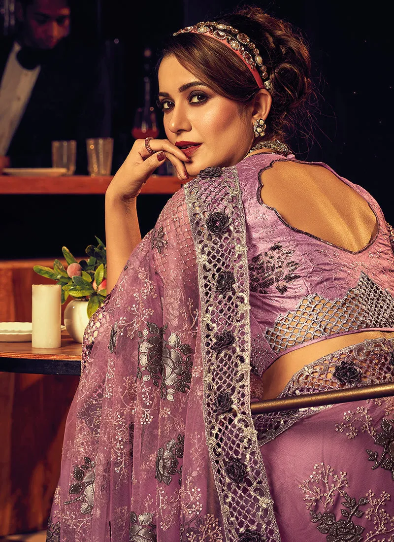 Purple Sequence Embroidery Partywear Saree