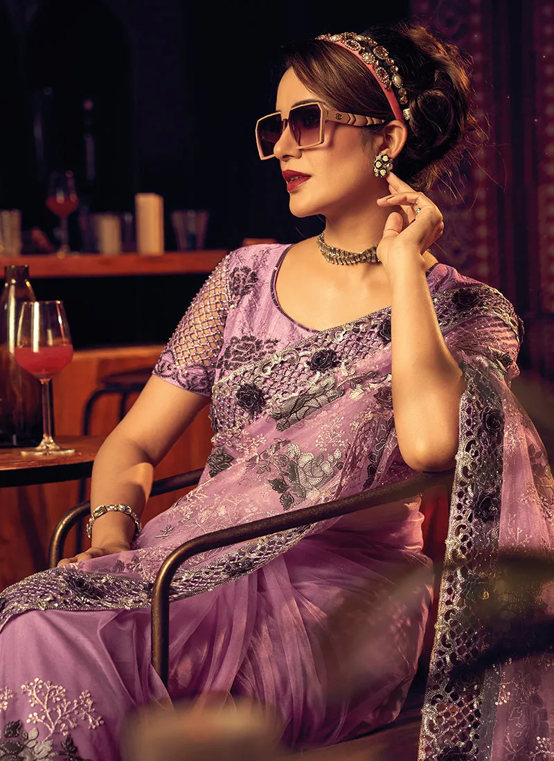 Purple Sequence Embroidery Partywear Saree