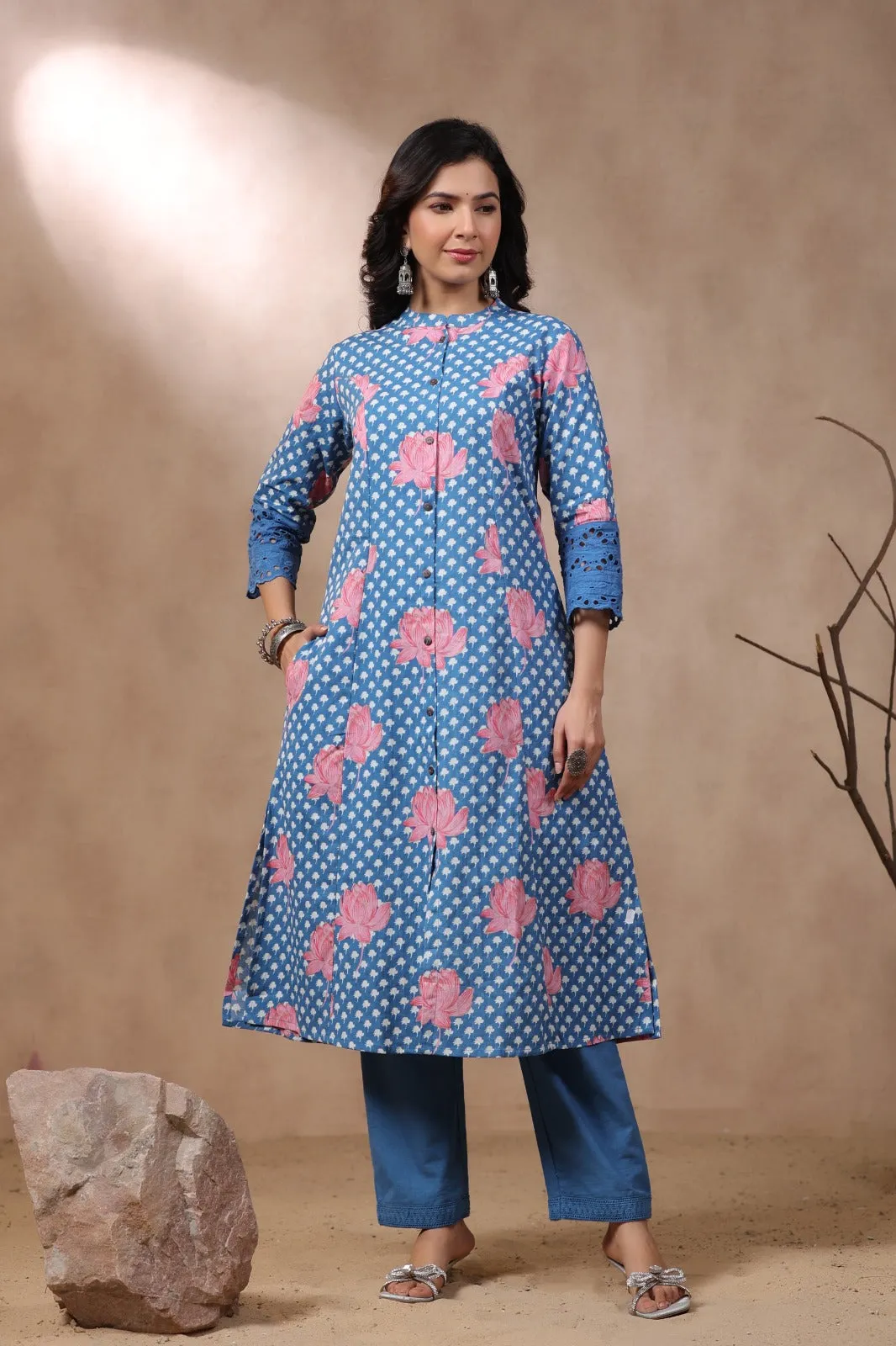 Rachna Indigo Printed Cotton Kurta Pant Set