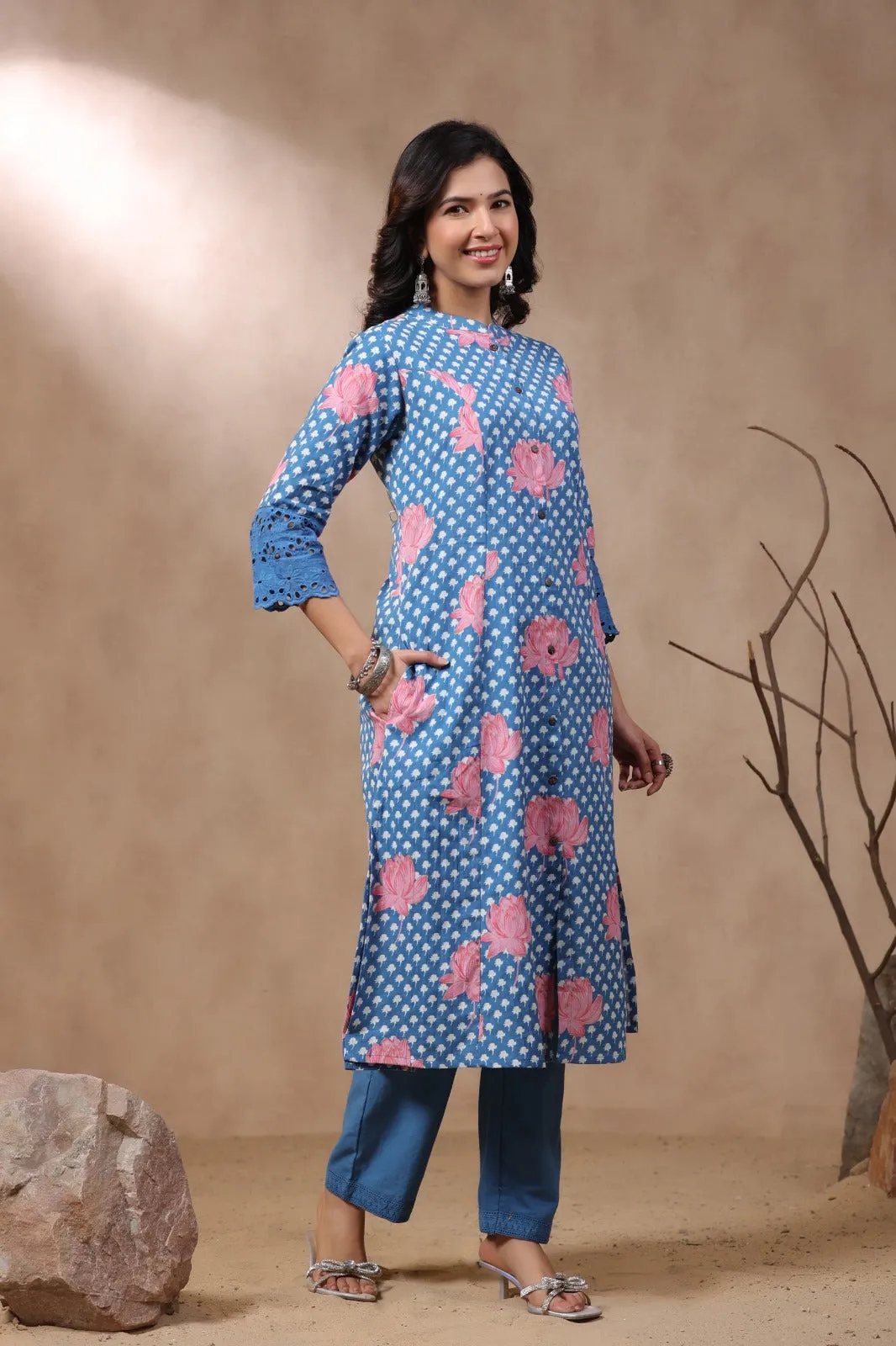 Rachna Indigo Printed Cotton Kurta Pant Set