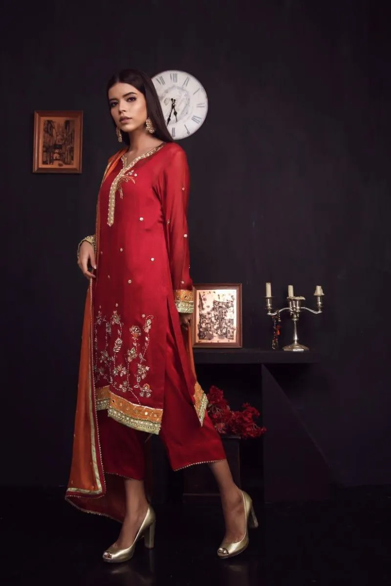 Sadia Aamir - Dark Red and Rust Aas - Khaddi - 3 Piece