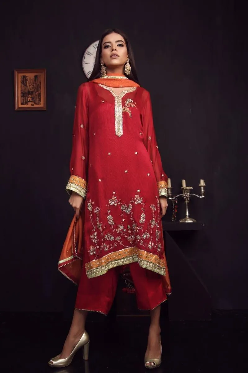 Sadia Aamir - Dark Red and Rust Aas - Khaddi - 3 Piece