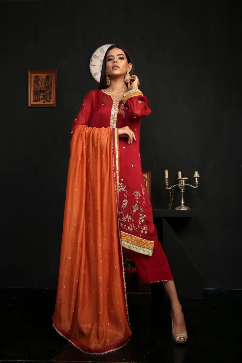 Sadia Aamir - Dark Red and Rust Aas - Khaddi - 3 Piece