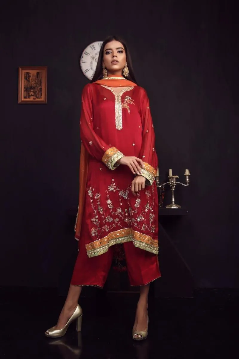 Sadia Aamir - Dark Red and Rust Aas - Khaddi - 3 Piece