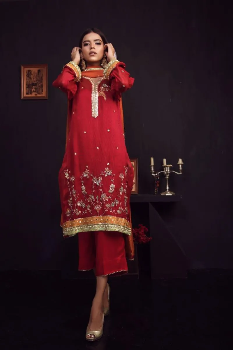 Sadia Aamir - Dark Red and Rust Aas - Khaddi - 3 Piece