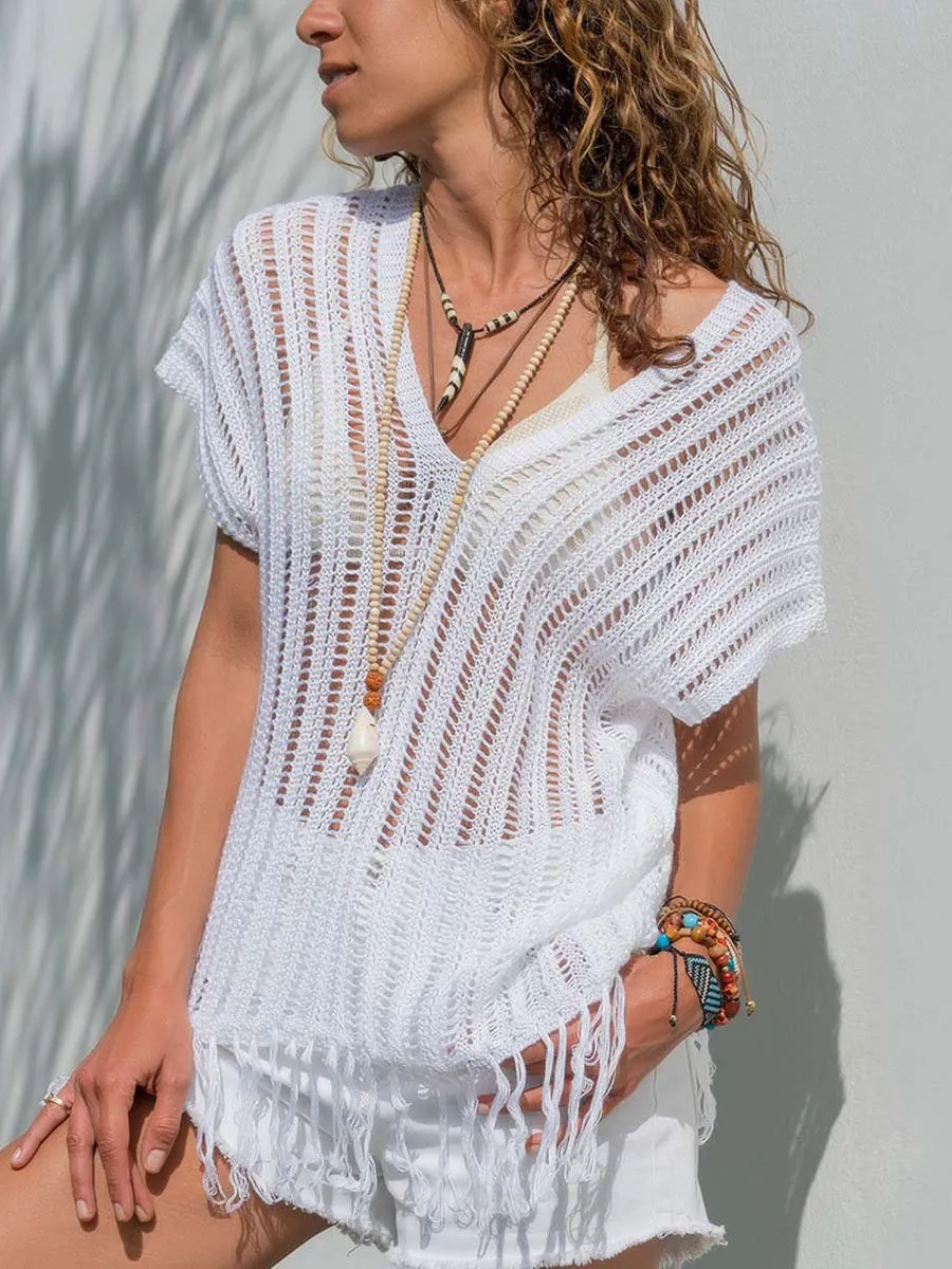 Sexy Cutout T-Shirts Fringe Hem V-Neck Tops