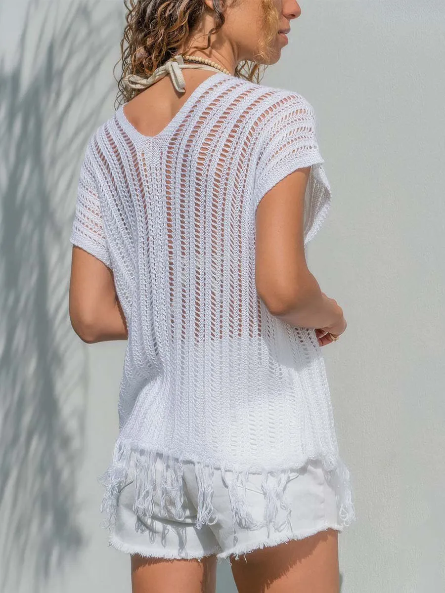 Sexy Cutout T-Shirts Fringe Hem V-Neck Tops