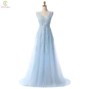 Sweet Light Blue Lace V-neck Lacing Long Evening Dress