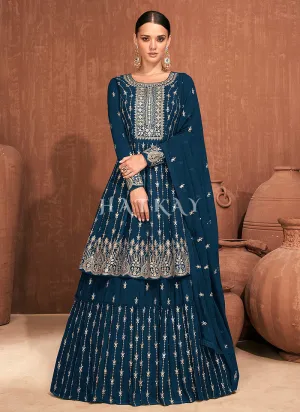 Turquoise Embroidered Peplum Style Lehenga Suit