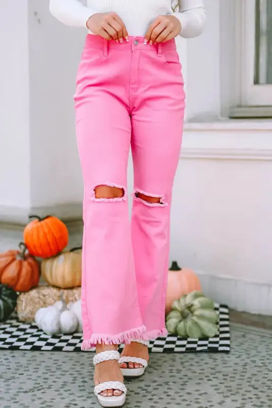 VintageRevival Raw Hem Jeans - Pink, Flared