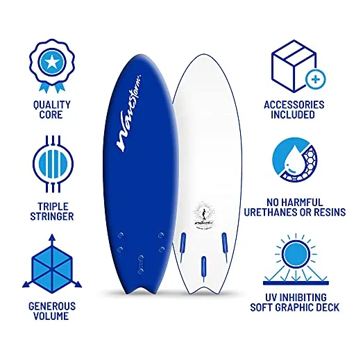 Wavestorm -Soft Top Foam 5'6" Surfboard/Fish Swallow Tail Surfboard for Beginners and All Surfing Levels Youth Complete Set Includes Leash and Multiple Fins, Blue (AZ21-WSSF560-BLU-1PK)