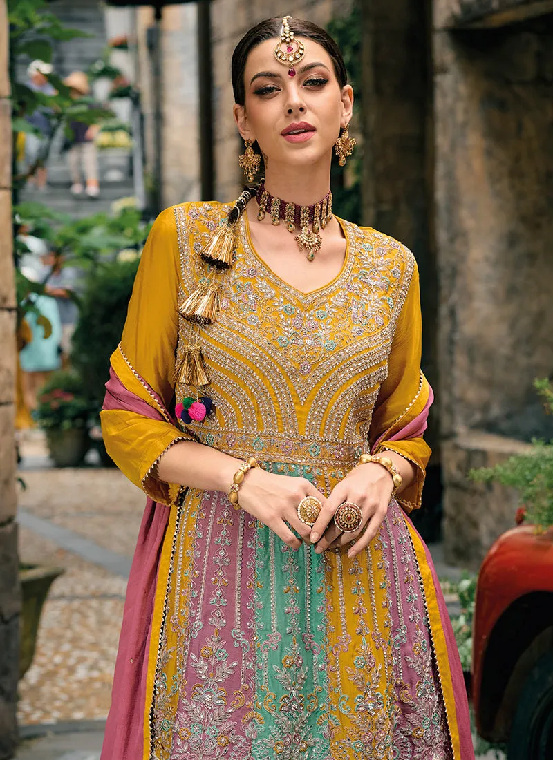 Yellow And Pink Multi Embroidery Wedding Gharara Suit