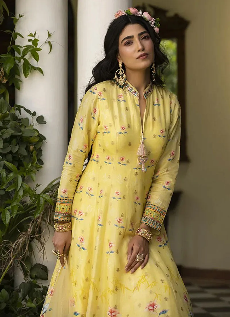 Yellow Embroidery Floral Printed Anarkali Gown