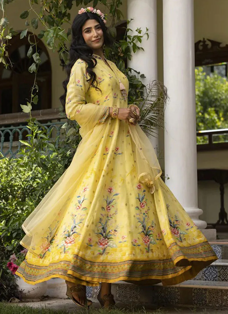 Yellow Embroidery Floral Printed Anarkali Gown