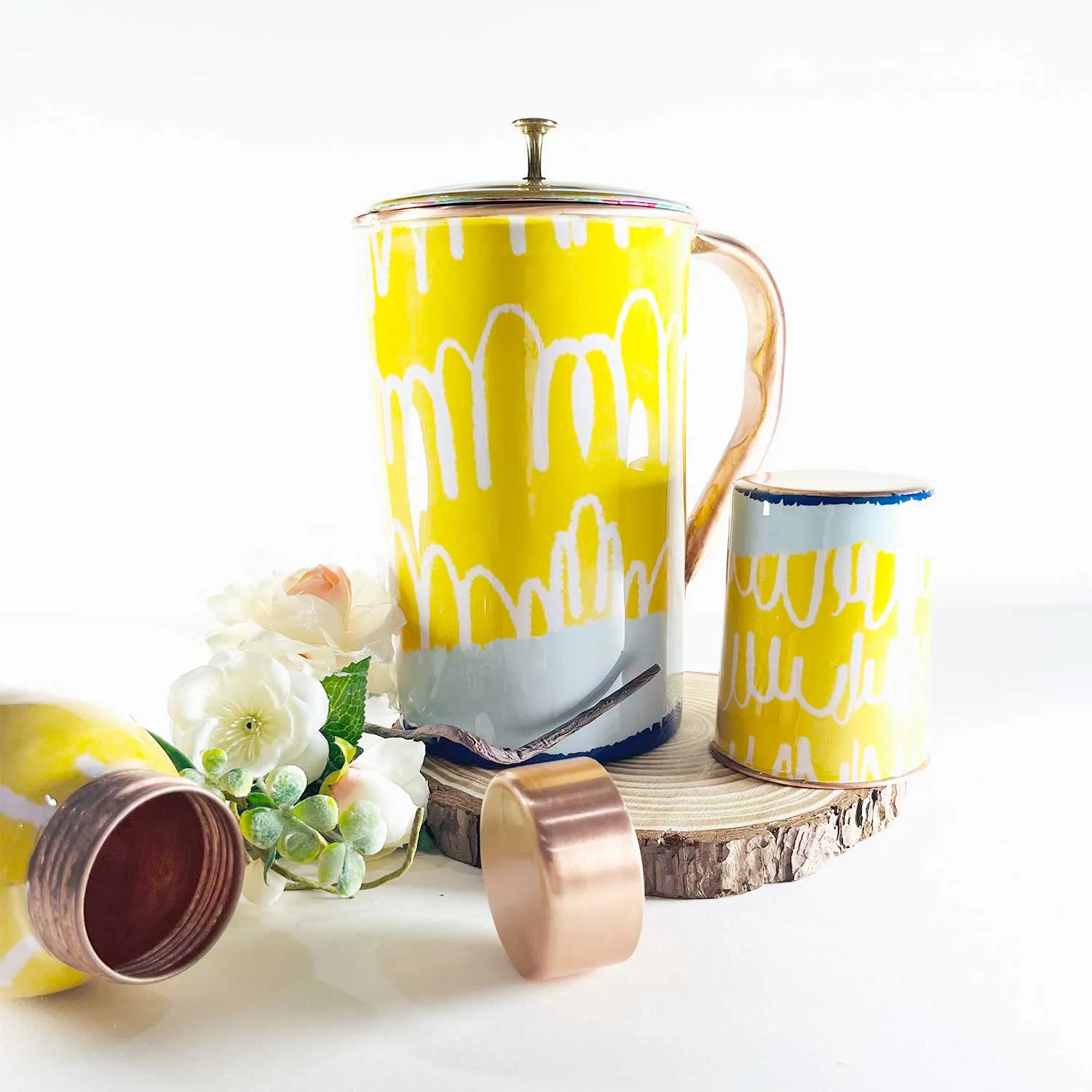 Yellow Pure Copper Bottle, Jug & Glass Set